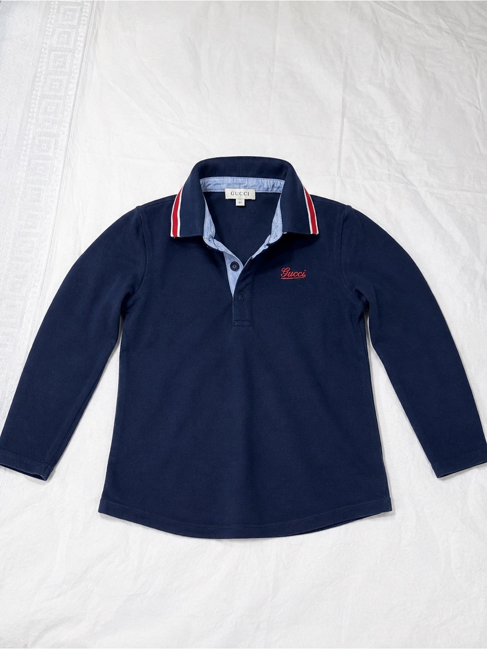 Gucci Kids Navy Long Sleeve Polo with Red Trim and Light Blue Accents
